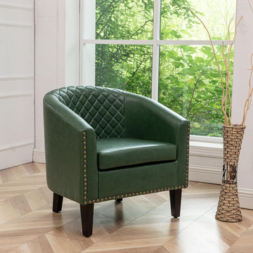 29" W Faux Leather Barrel Chair PU Tufted Accent Club Chair, Green