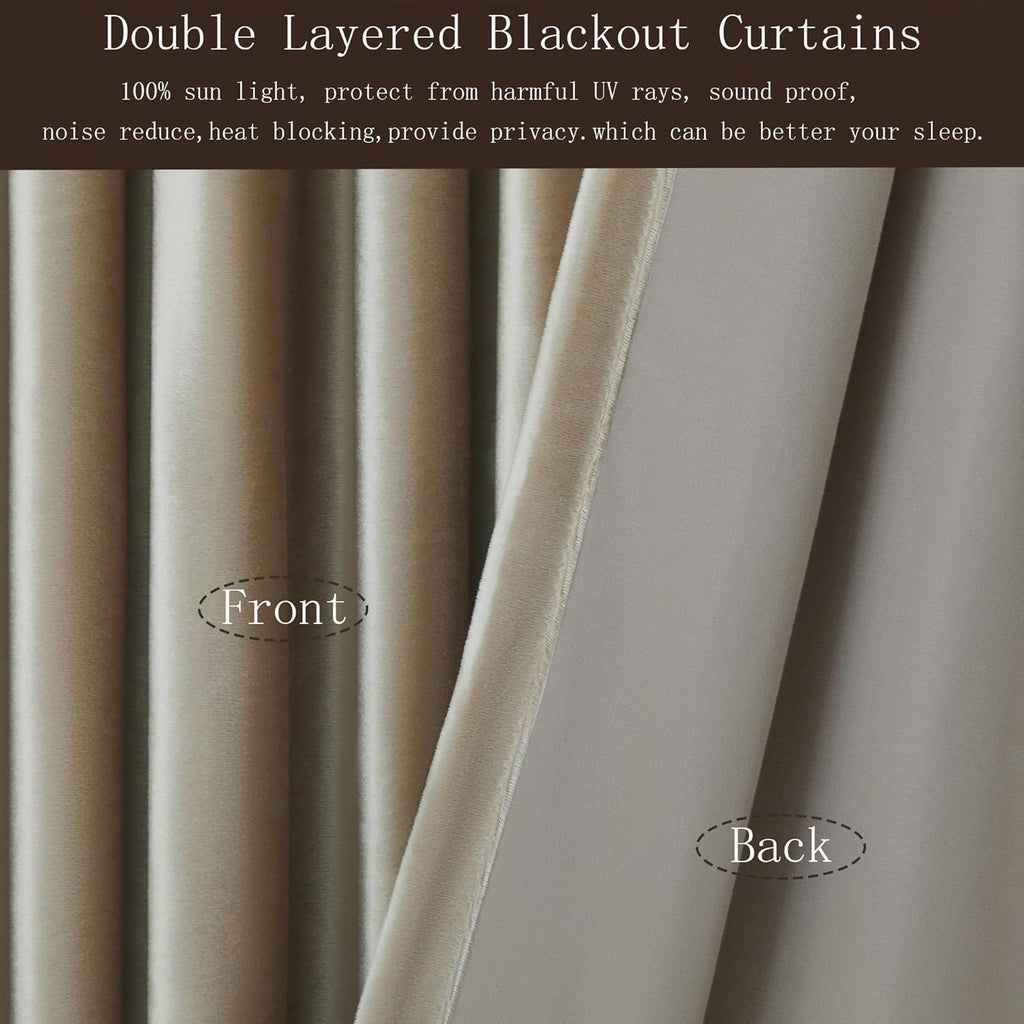 100% Full Blackout Champagne Beige Velvet Curtains 84 inch Long,Set of 2 Liner Rod Pocket Back Tab Thermal Window