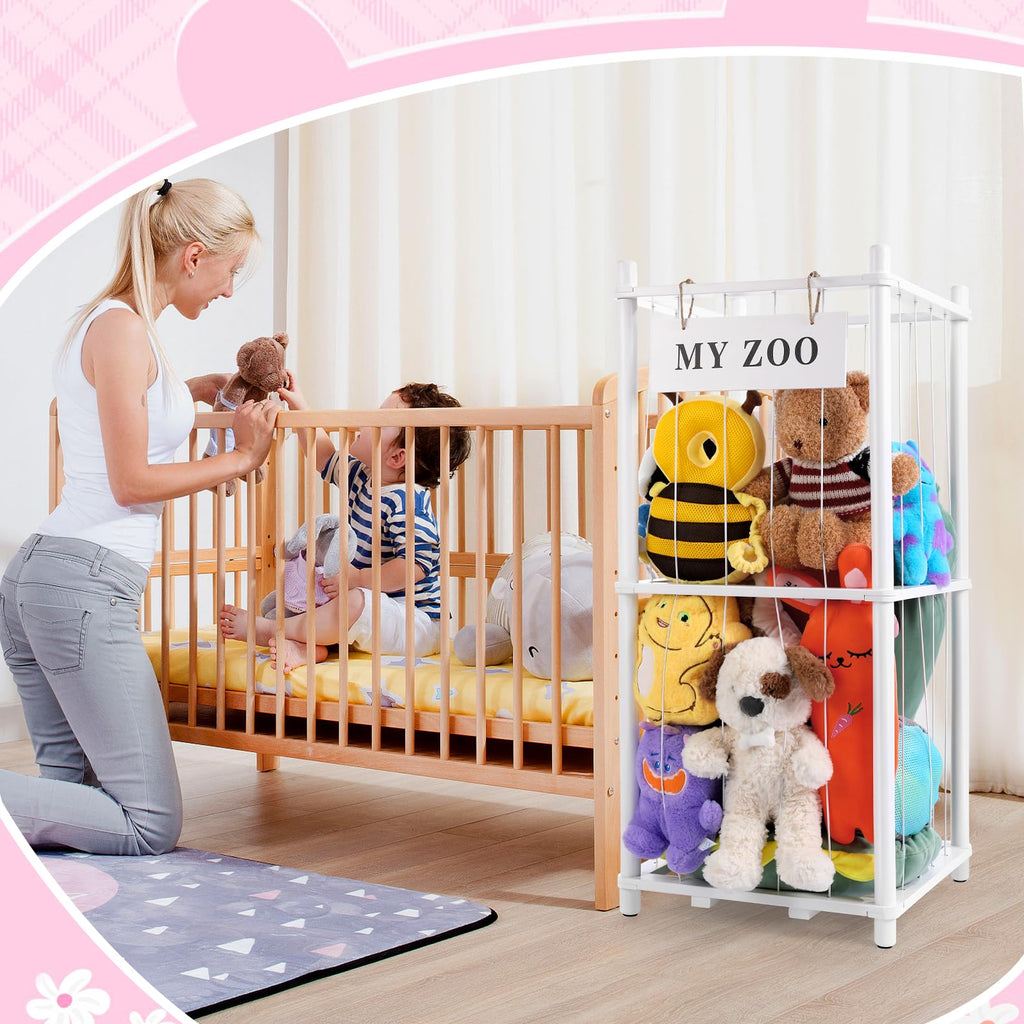 Stuffed Animal Storage Zoo, Wooden Stuffed Animal Organizer with Elastic Cords for Boys Girls, Space Saving Toy
