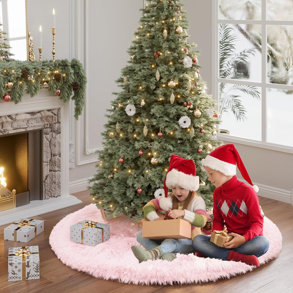 60 Inch Pink Faux Fur Christmas Tree Skirt Plush Xmas Tree Base Cover