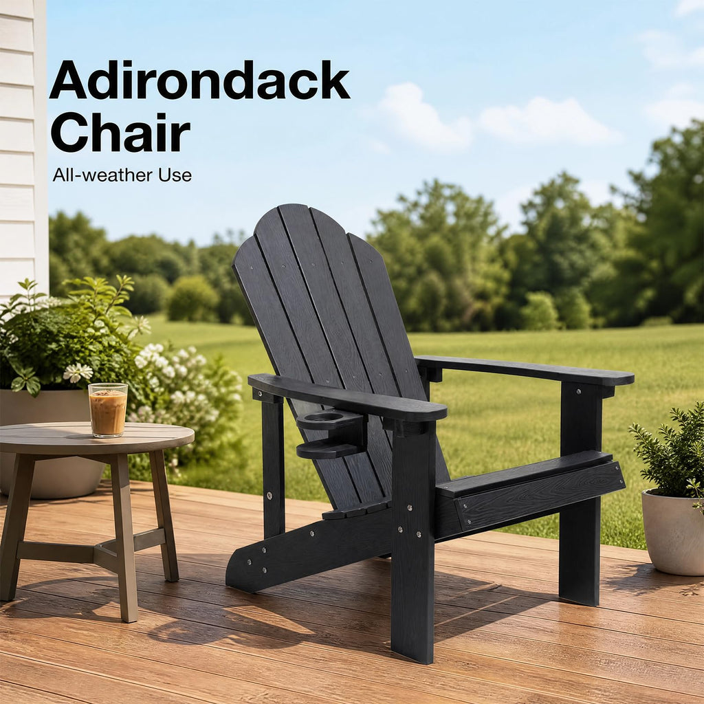 Adirondack Chair, All-Weather Can Used Patio Chair with Cup Holder, Sturdy Outdoor Lawn Chair, Low Maintenance Surface
