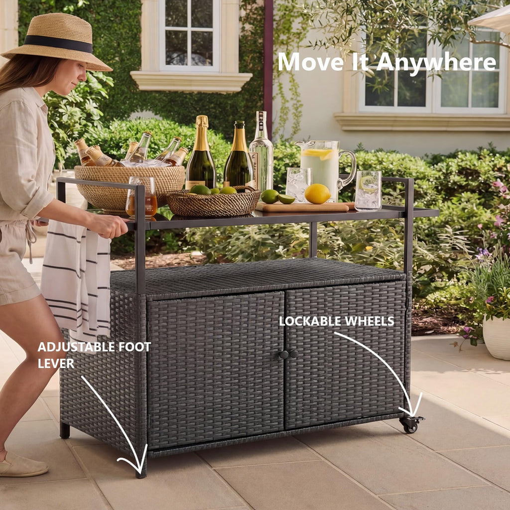 51.2" Wicker Outdoor Bar Cart - Brown Patio Console Storage Table Buffet Cabinet Serving Kitchen Cart with Wheels for