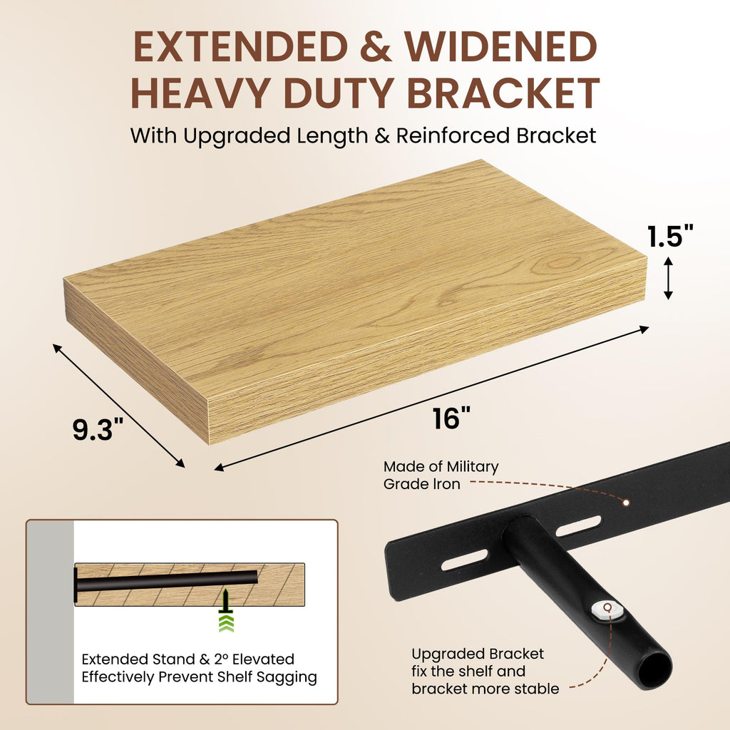 16 Inches Floating Shelves for Wall, 9.3" Deep Long Floating Shelves Set of 2, Large Display & Storage Shelf, Wall