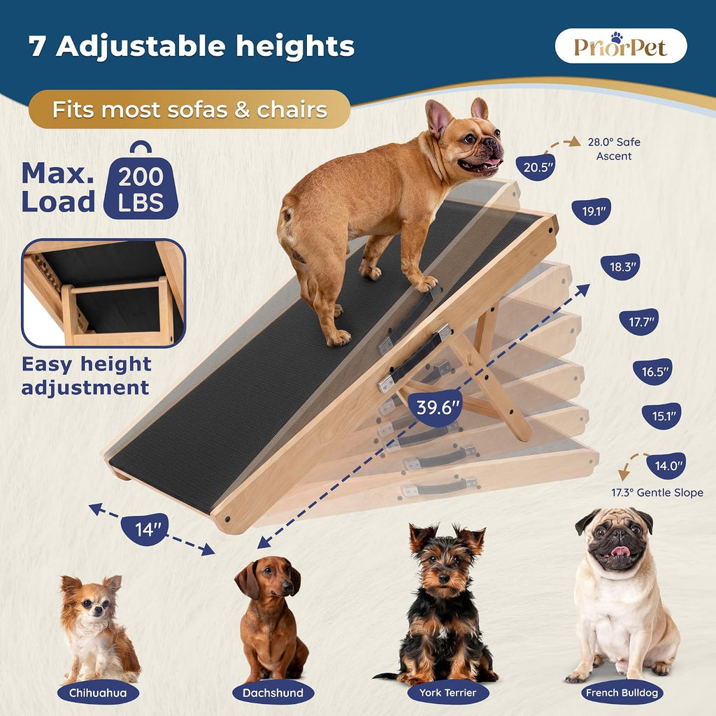 Dog Ramp for Couch - Non-Slip, Sturdy Build Foldable Wooden Dog Ramp - Supports up to 200 lbs - 7 Adjustable Heights
