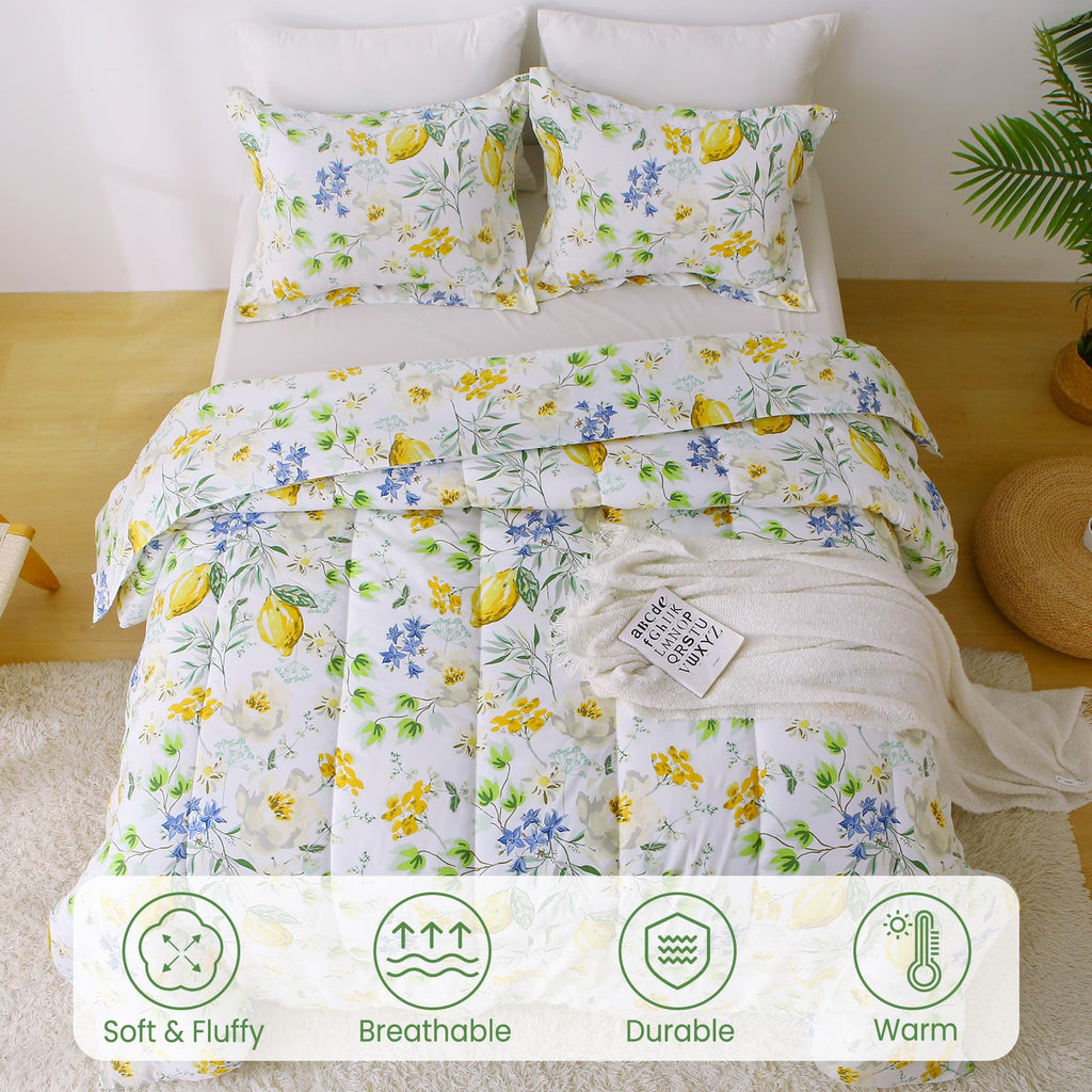 Floral Comforter Sets, Lemon Blossoms Patterned Bed in a Bag for All Seasons, 3-Piece Farmhouse Rustic