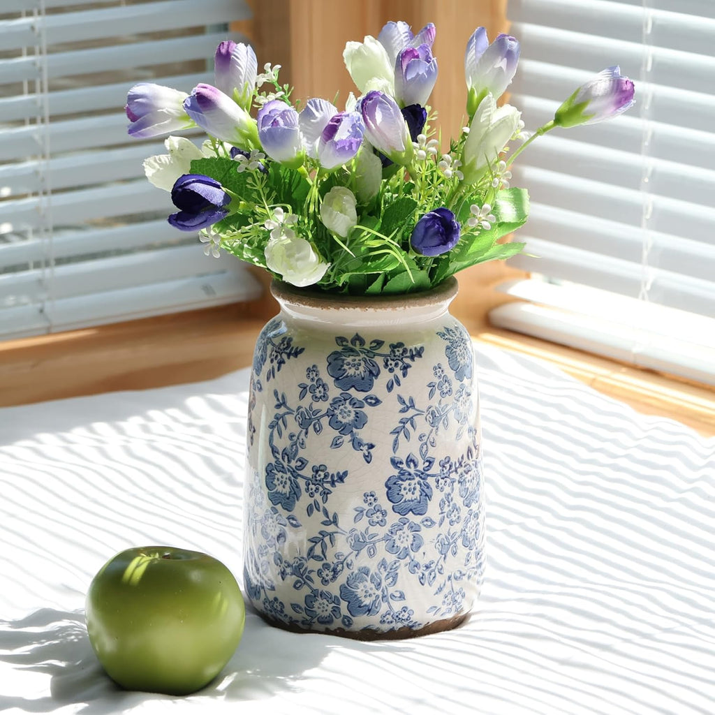 Vintage Blue and White Chinoiserie Ceramic Vase, 6.9" Hand-Painted Peony Floral Design, Antique Style Vases