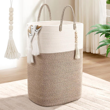 65L Woven Laundry Basket for Clothes, Large Rectangle Laundry Hampers with Beads Tassel, Nursery Storage Basket for