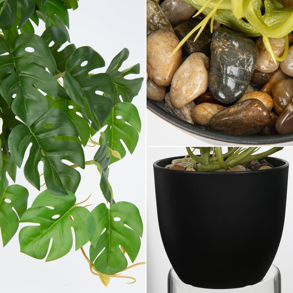 Fake Plants Indoor 8 Inch Artificial Monstera Plant in Black Plastic Pot - Faux Potted Tropical Palm Plant Aesthetic