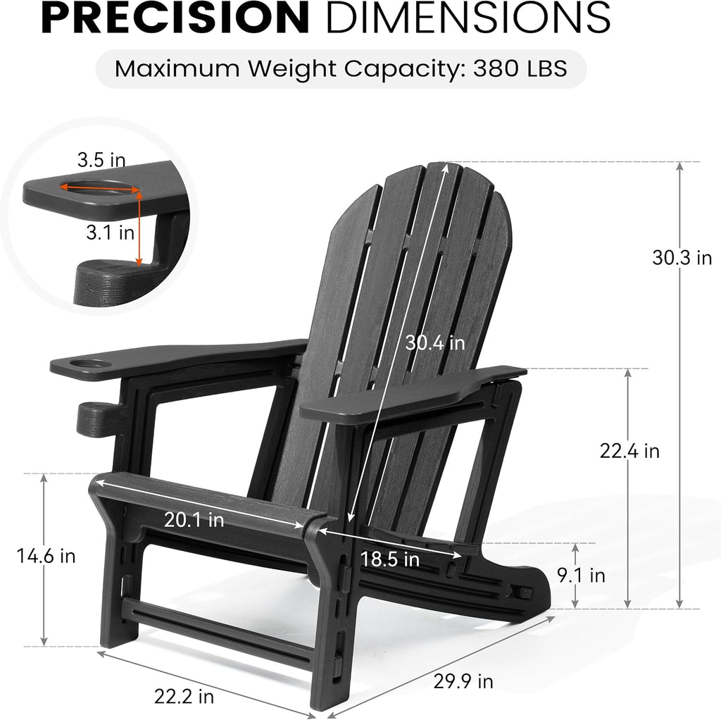 Adirondack Chairs Set of 2, HDPE Outdoor Chairs with Cup Holder | Heavy Duty 380 lbs Capacity, All Weather Wood