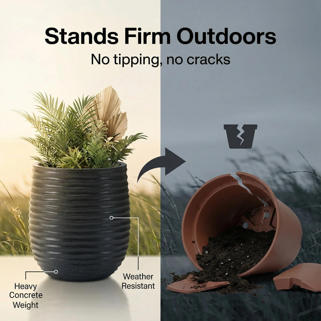 15"+11"+7.9" Dia Concrete Planter Set of 3, Wavy Textured Black Flowerpot