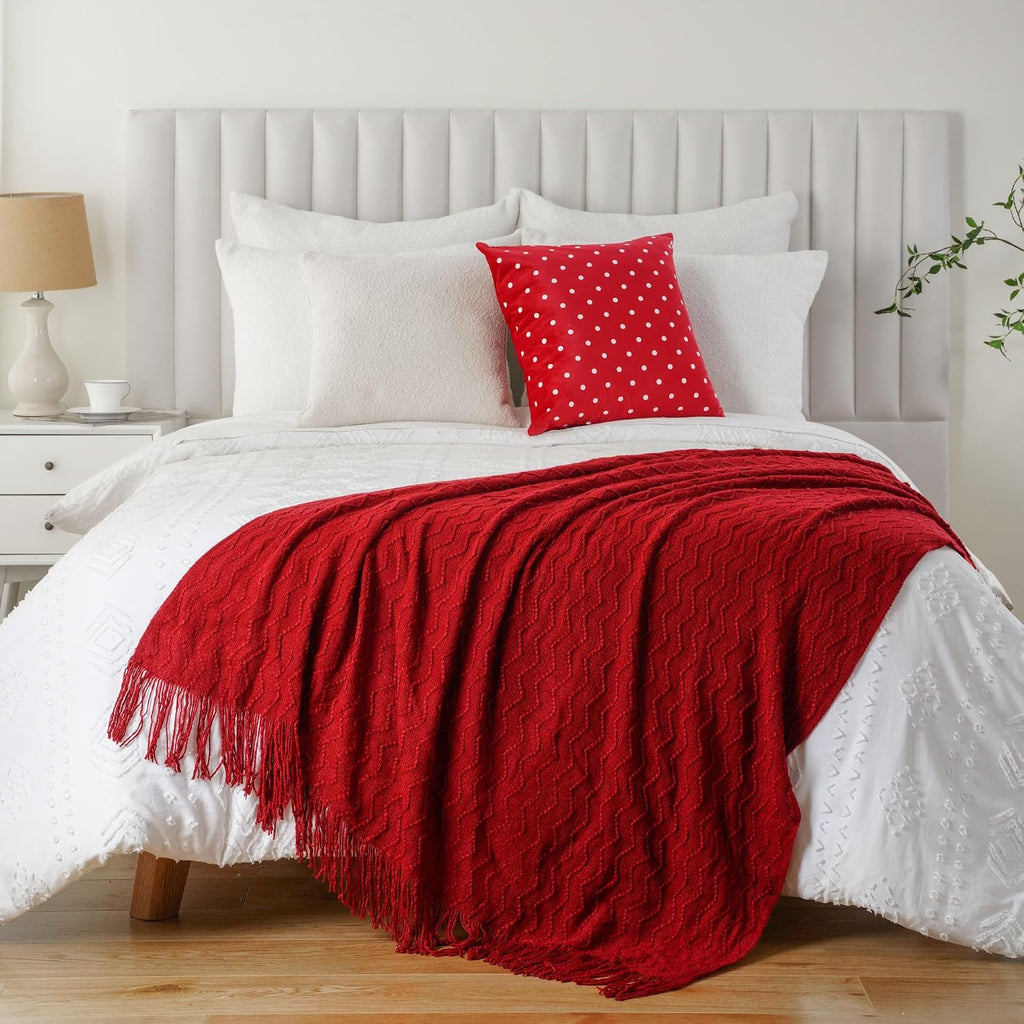 Christmas Red Throw Blanket for Couch, Textured Soft Burgundy Throw Blankets, Decorative Knitted Red Blanket for Sofa