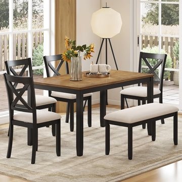 6-Piece Solid Wood Dining Table Set, Farmhouse Wooden Legs, Black