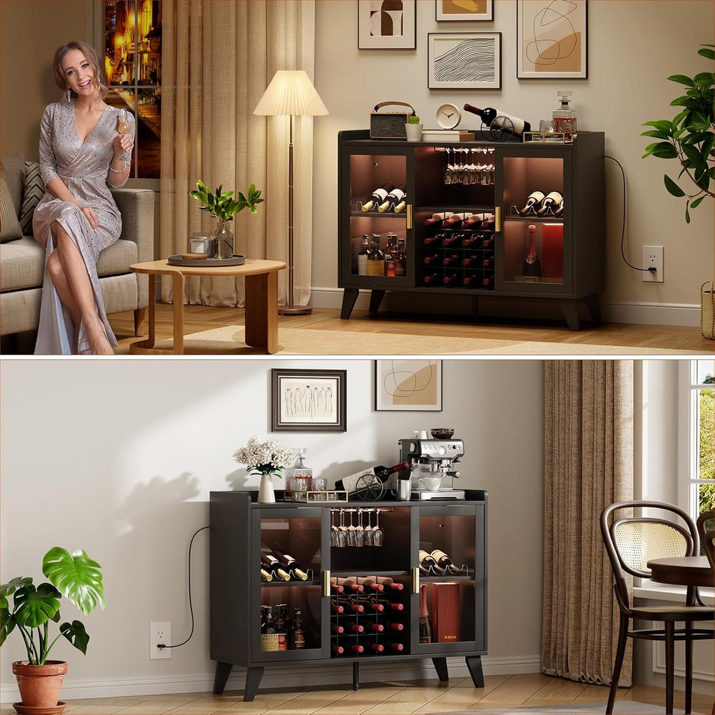 47" Wine Cabinet with LED Light, Living Room Compact Wine Bottle Storage , Wine Bar Cabinet with Glasses Rack