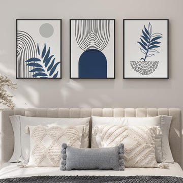 Framed Blue Mid Century Boho Botanical Canvas Wall Art Bedroom, 12x16 Inch