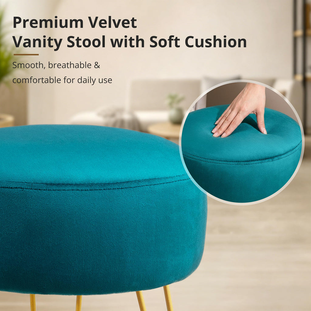 Vanity Stool, Teal Vanity Stools for Makeup Room, Round Ottoman Foot Stool, Velvet Footrest Vanity Chair Vanity