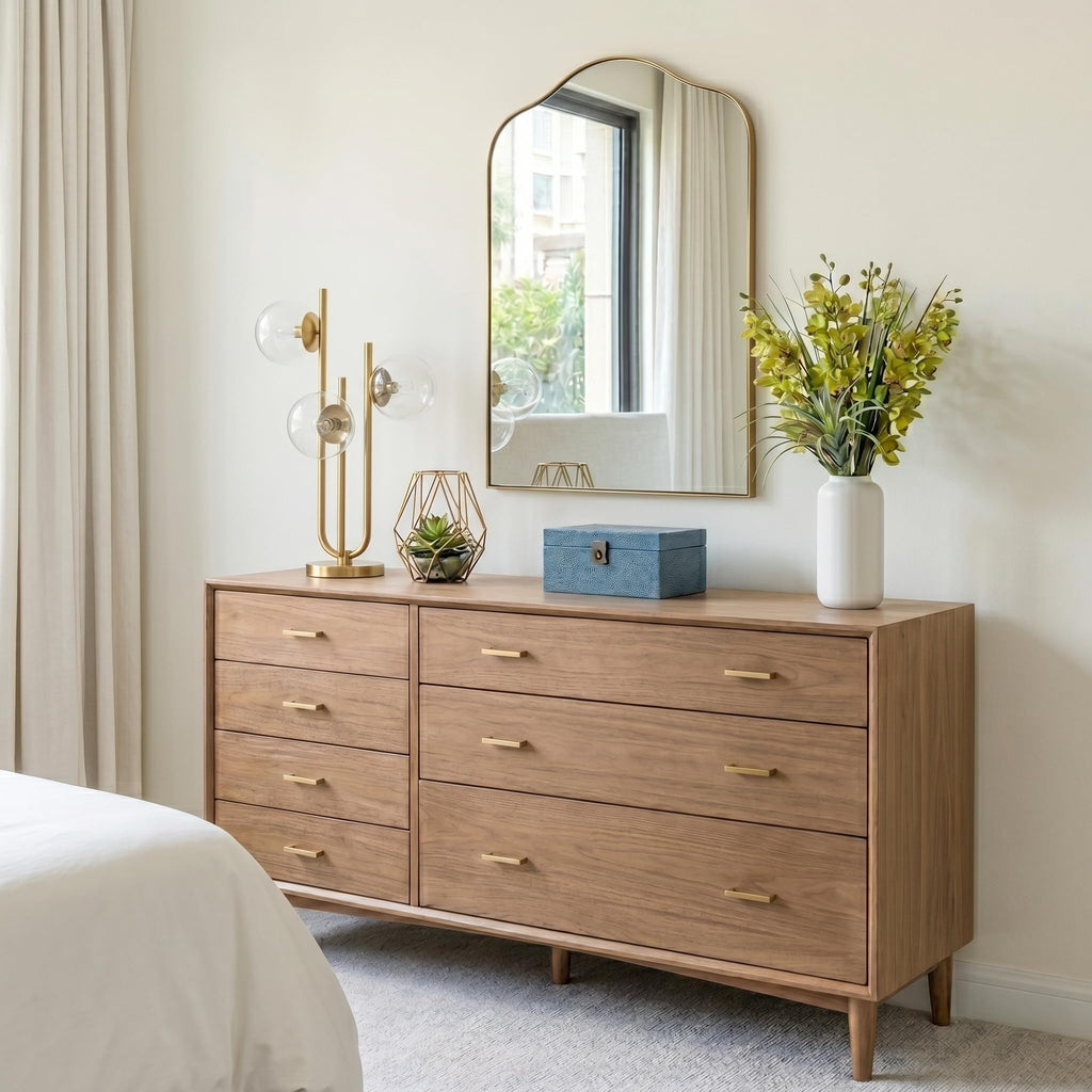 Brass Scalloped Arched Wall Mirror, 22x35 Brushed Gold Irregular Bathroom Mirror with Curved Design for Vanity