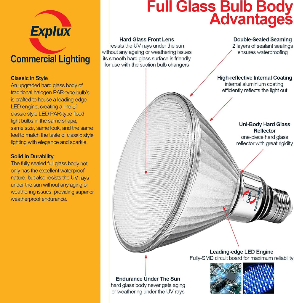 350 Watt Equivalent PAR38 LED Flood Light Bulb, Ultra Bright 5200 Lumens, Non-Dimmable, Full-Glass Outdoor Waterproof