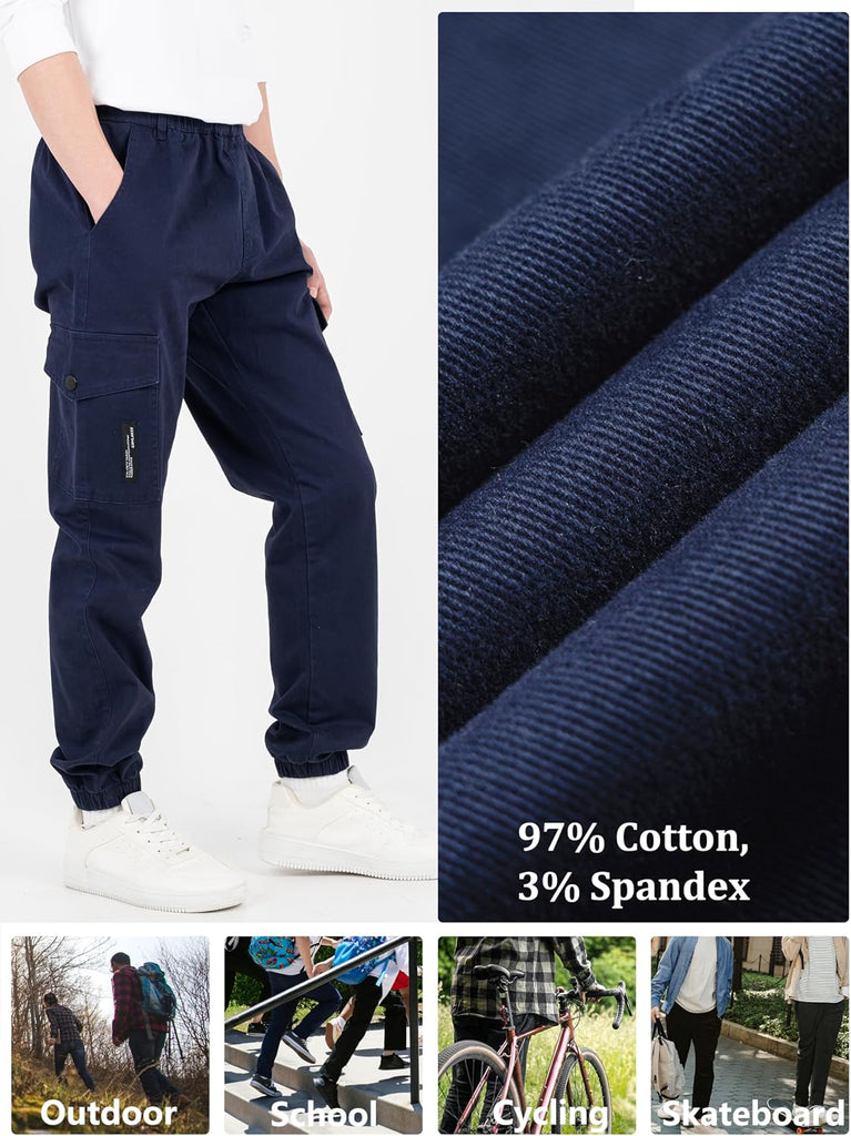 Boys Cargo Pants Stretch Cotton Twill Elastic Waist