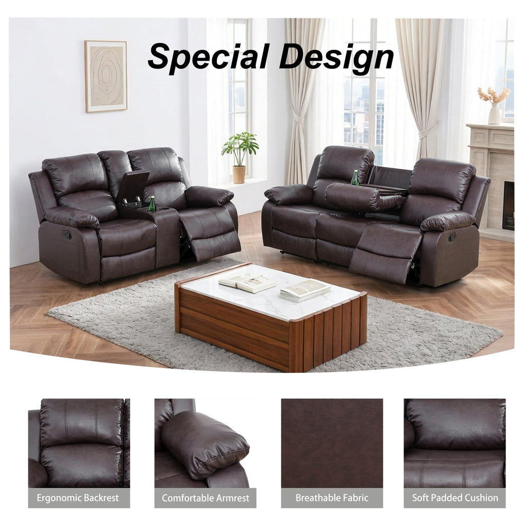 Leather Recliner Sofa Set, 2-Pieces (Sofa and Loveseat), Brown