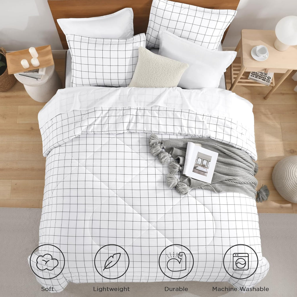 Full Comforter Sets, White Gingham Plaid Grid Checkered Bedding Comforter Set for Teens Boys Girls Kids, 3 Pieces