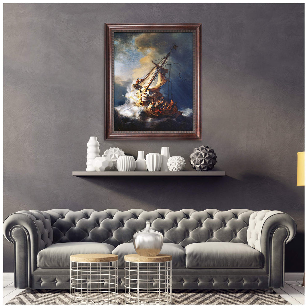 Christ in The Storm On The Sea of Galilee by Rembrandt van Rijn Dark Brown Faux Wood Grain Framed Size:35.5 x 29.5