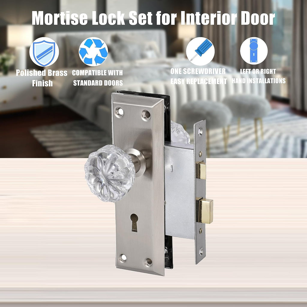Mortise Lock Set for Interior Door,Antique Door Knobs with Lock and Skeleton Key, Crystal Glass Door Knob