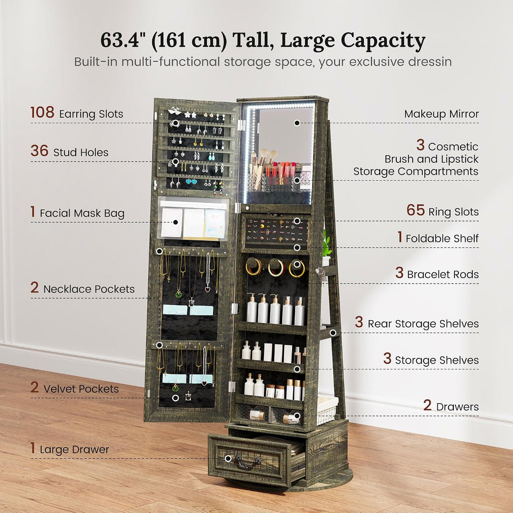 LED Mirror Jewelry Cabinet Standing, 360°Swivel Jewelry Armoire with Full Length Mirror, Mirror with Jewelry Storage