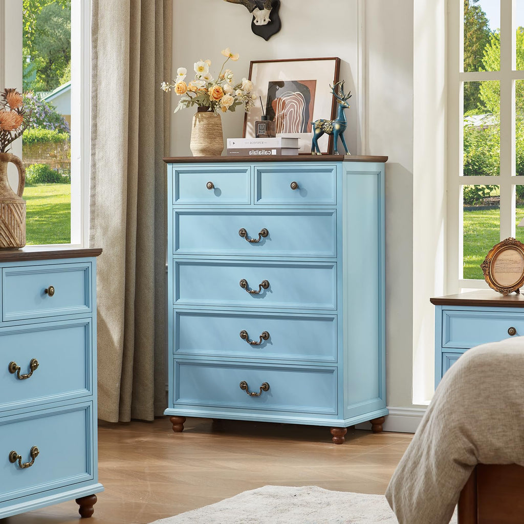 Farmhouse 6 Drawer Dresser Set of 2 , 42" Tall Rustic Chests of Drawers w/ 4 Solid Wood Feet, Mid Century Vintage