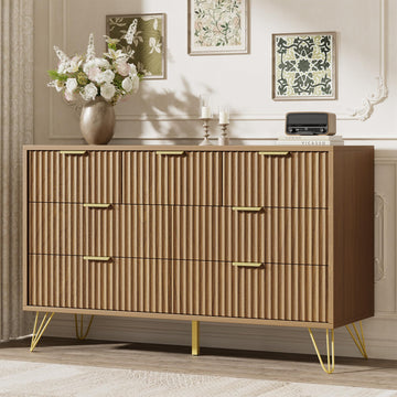 Fluted Dresser, Walnut 7 Drawer Dresser with Gold Handles and Wide Drawers, Wood Chest of Drawers (Walnut)
