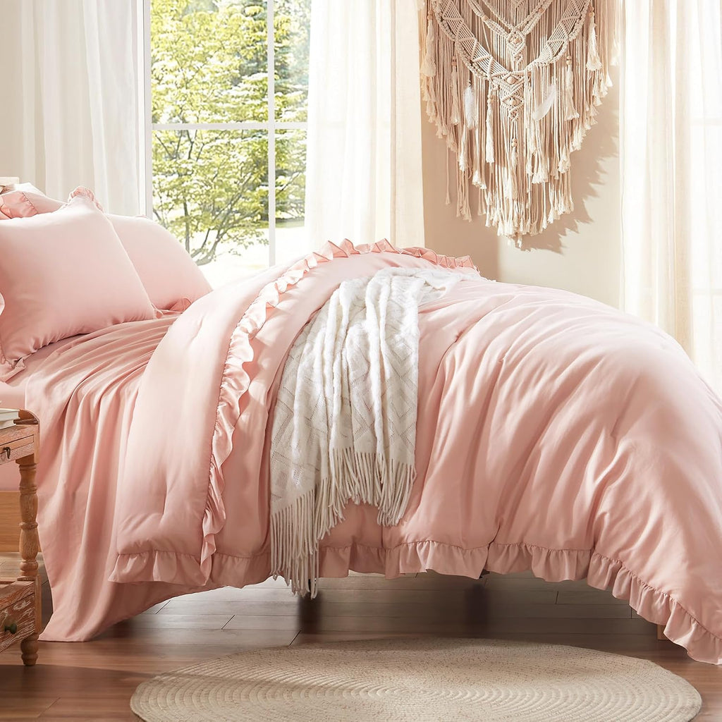 Twin Comforter Set 5 Piece for Girl, Pink Bed in a Bag with Sheets, All Season Ruffle Shabby Chic Bedding Sets with 1