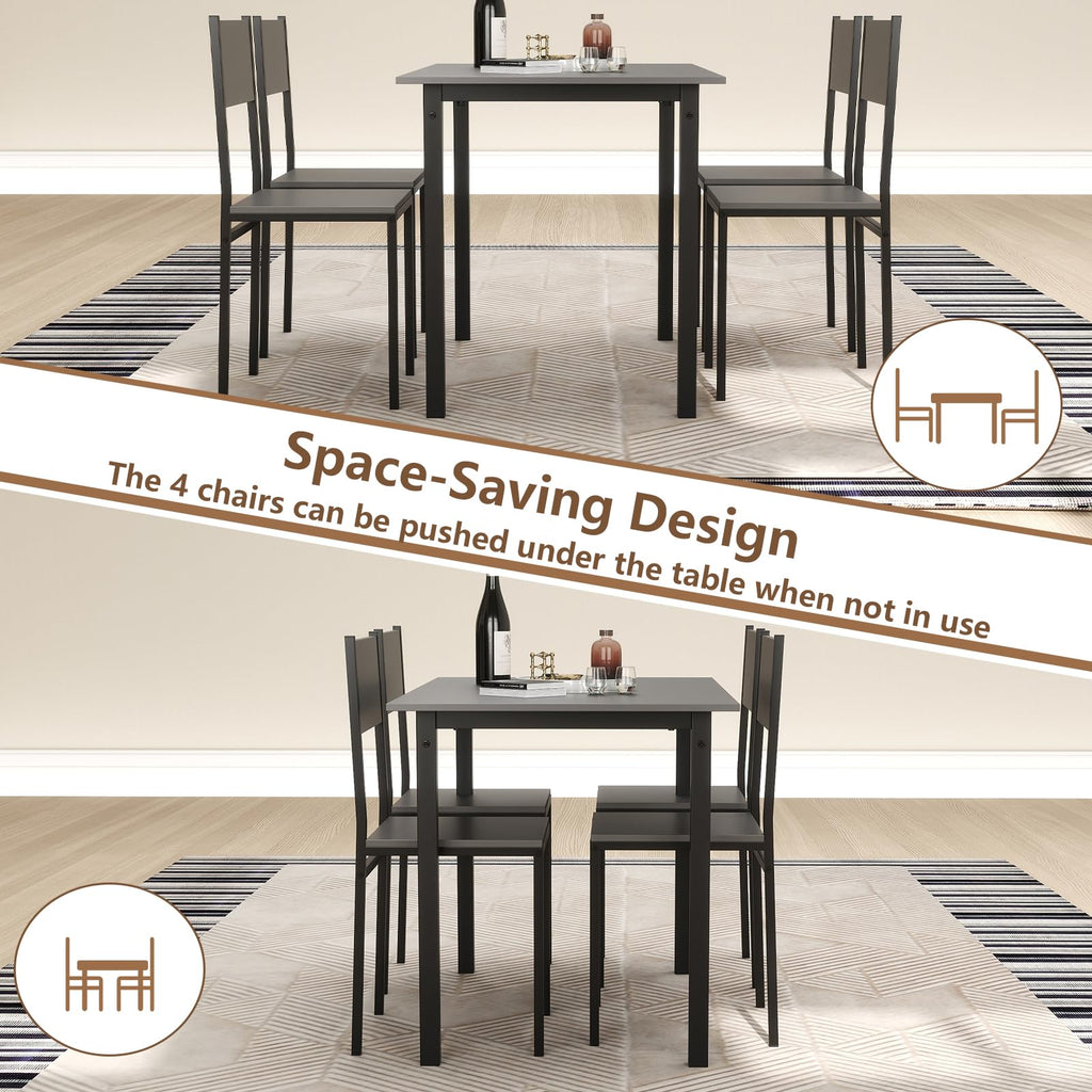 5-Piece Dining Table Set, Industrial Kitchen Table and Chairs for 4 with Backrest and Metal Frame, Rectangular