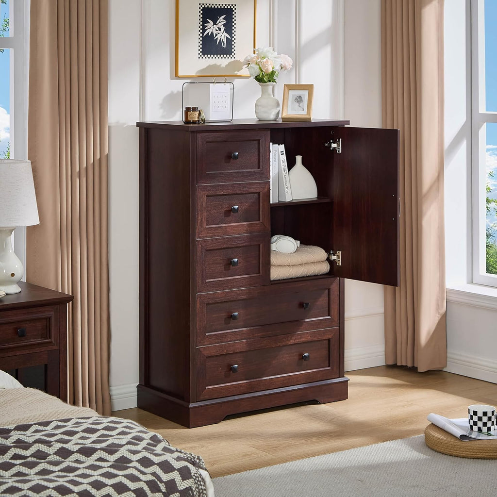 Dresser , Farmhouse Dresser with 5 Wooden Drawers and Storage Cabinet, 48 Inches Tall Chest of Drawers , Dark Cherry