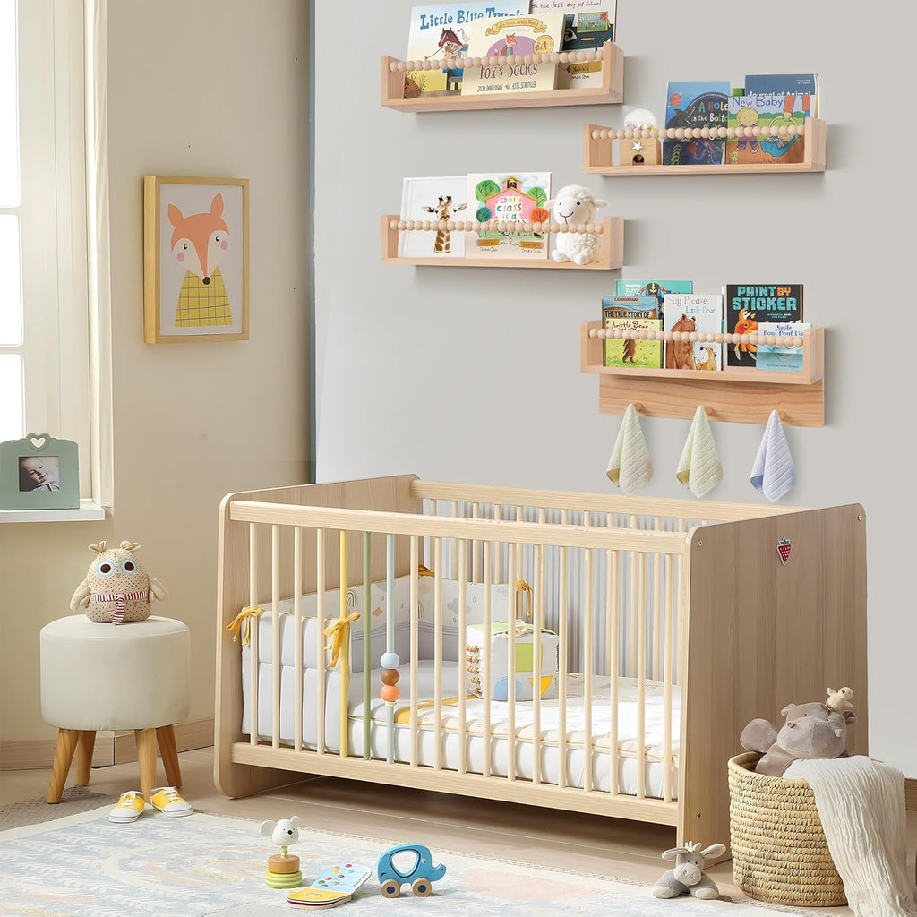 Wall Bookshelves,Set of 4 Natural Wood Floating Bookshelf,Nursery Shelves,Floating Book Shelves for Wall(Burlywood)
