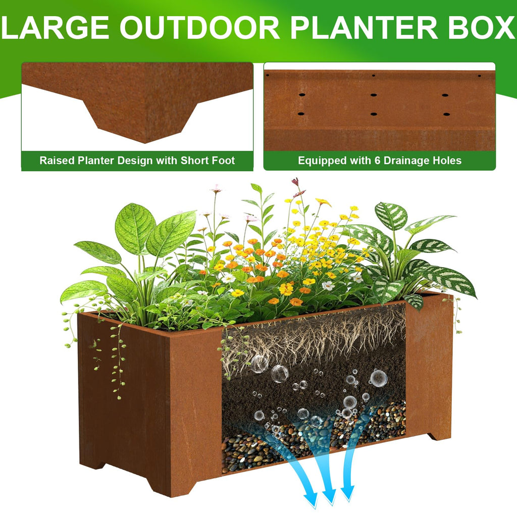 36"x15"x15" Cor ten Steel Planter Box, Large Rectangle Outdoor Planter