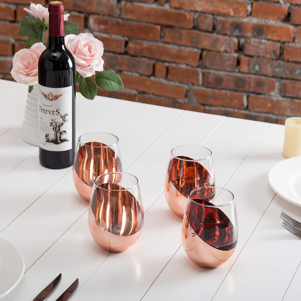 Stemless Wine Glasses Set of 4 - Copper Accent Modern Barware, Elegant Wedding & Celebration Cups with Luxe Metallic