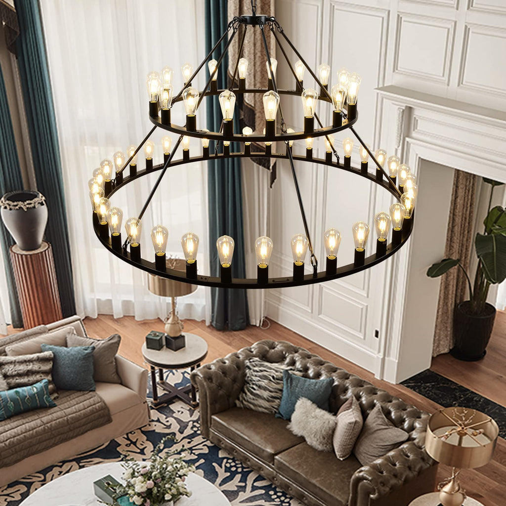 Wagon Wheel Chandelier 2 Tier 54-Light 60-inch, Farmhouse Industrial Chandelier Black Rustic Pendant Light Fixture