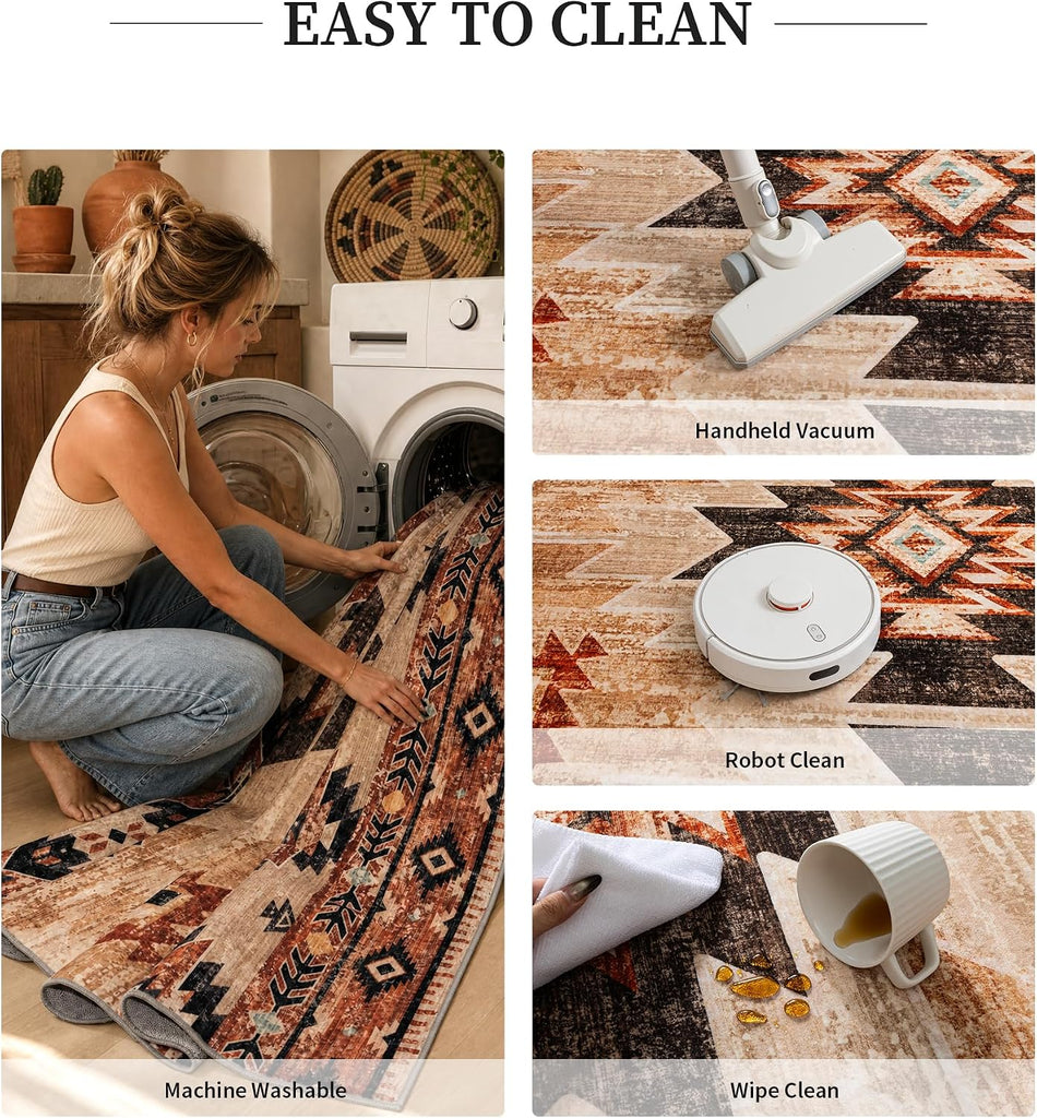 Washable Western Aztec Area Rug, Terracotta