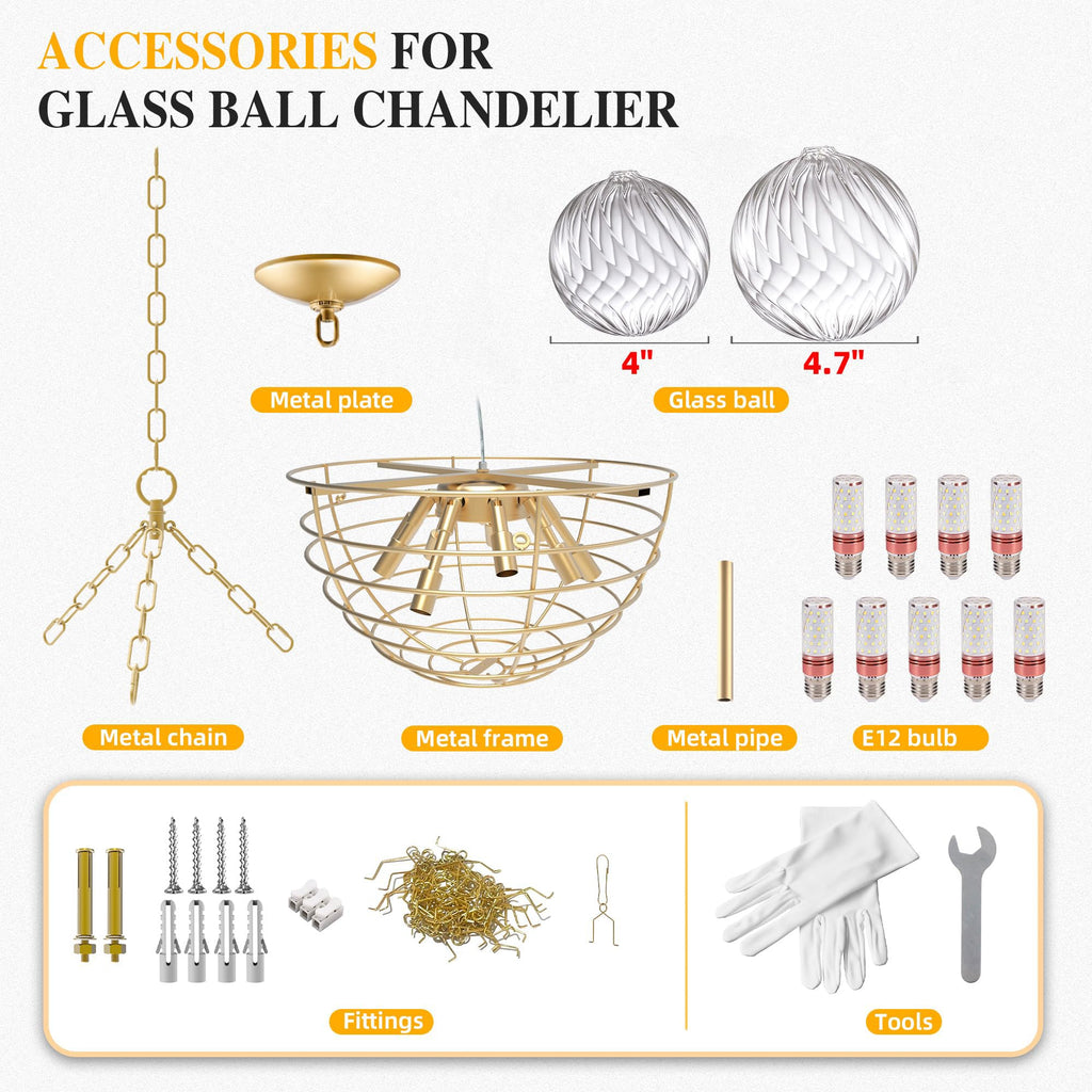 Nordic Bubble Ball Glass Chandelier 31", Gold and Clear, 9-Light