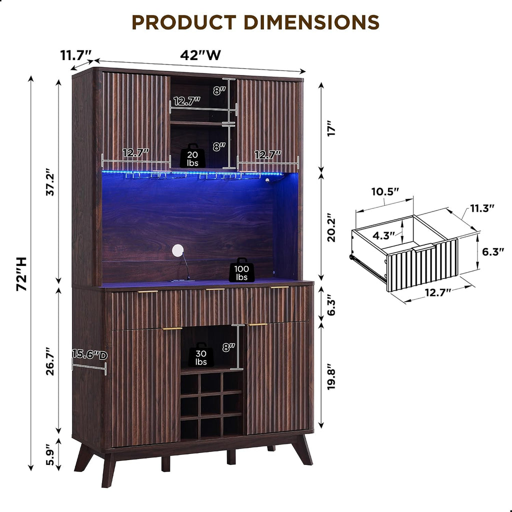 72" Tall Coffee Bar Cabinet, Fluted Wooden Wine Cabinet, Dark Walnut | Power Outlets, Led Lights, 4 Stemware Racks, 9