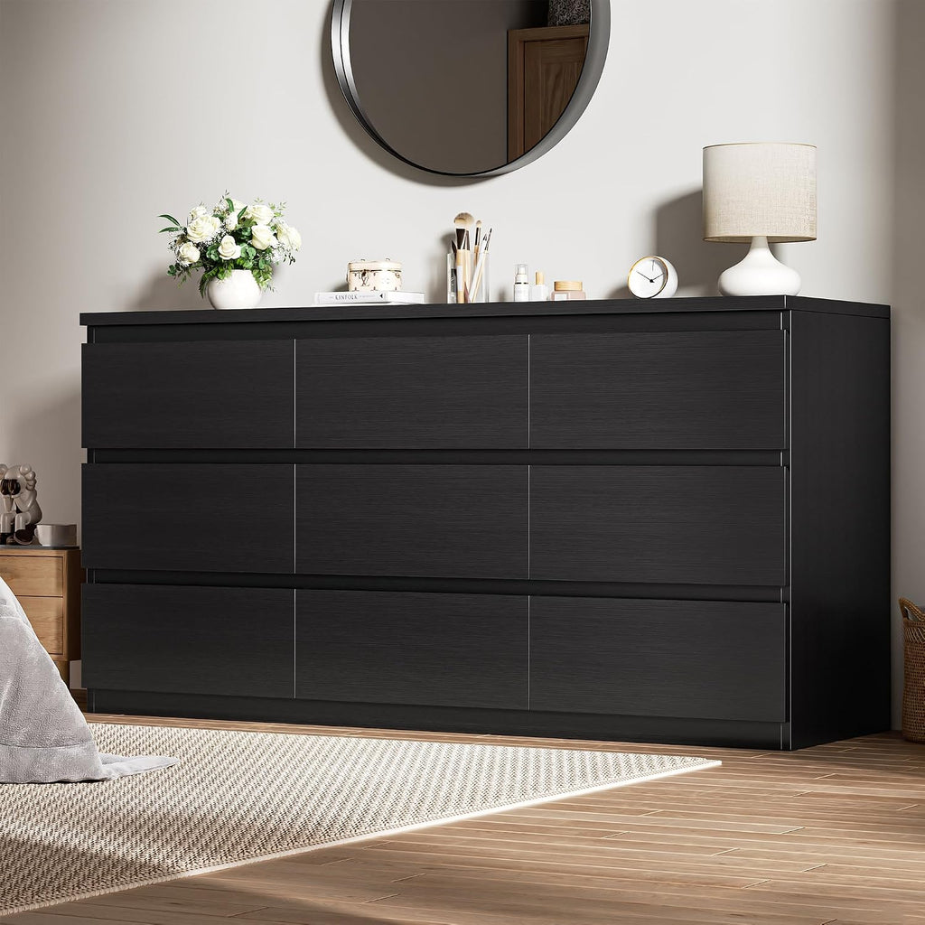 White 9 Drawer Dresser ,Modern Wood Dressers & Chest of Drawers with No-Handle Design, Long Dressers for Closet