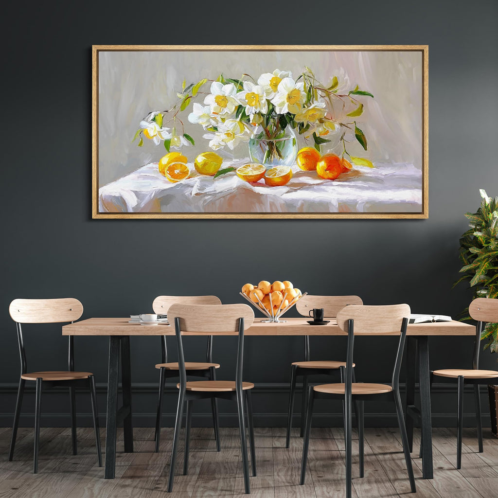 Extra Large Framed Canvas Print Wall Art Vibrant Still Life with White Blossoms and Citrus Fruits Antique Retro Ready