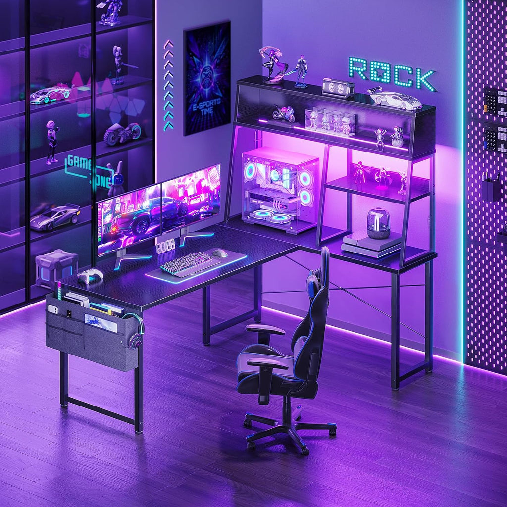 51 Inch L Shaped Gaming Desk with Display Shelves, LED Lights, Black | PC Tower Display Shelf, Display Hutch, Hanging