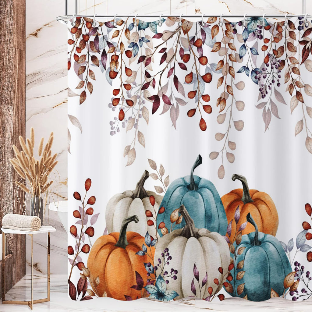Fall Shower Curtain, Watercolor Autumn Leaves Pumpkins Harvest Fruits Thanksgiving Day Bathroom Curtain Waterproof