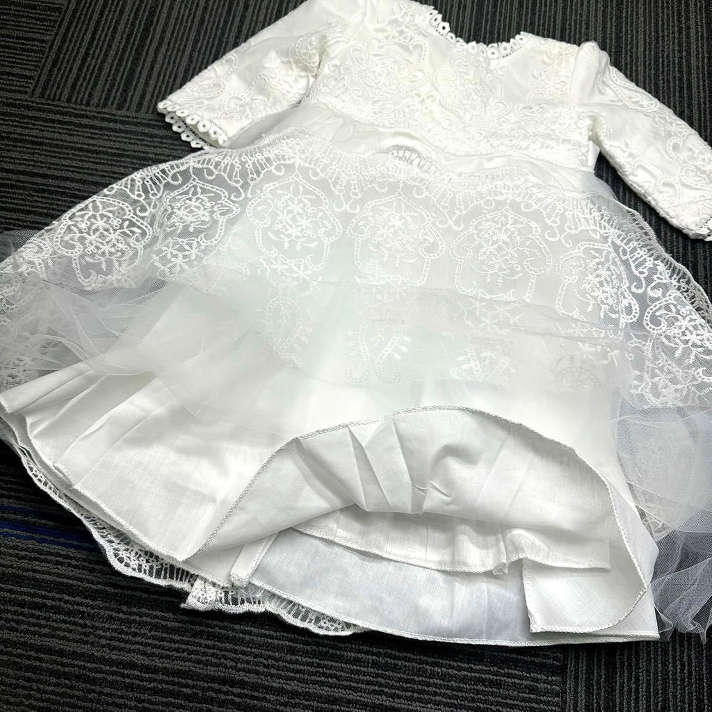 Baby Girls Long Sleeve Christening Dress Classic Embroidered Baptism Tulle Dress