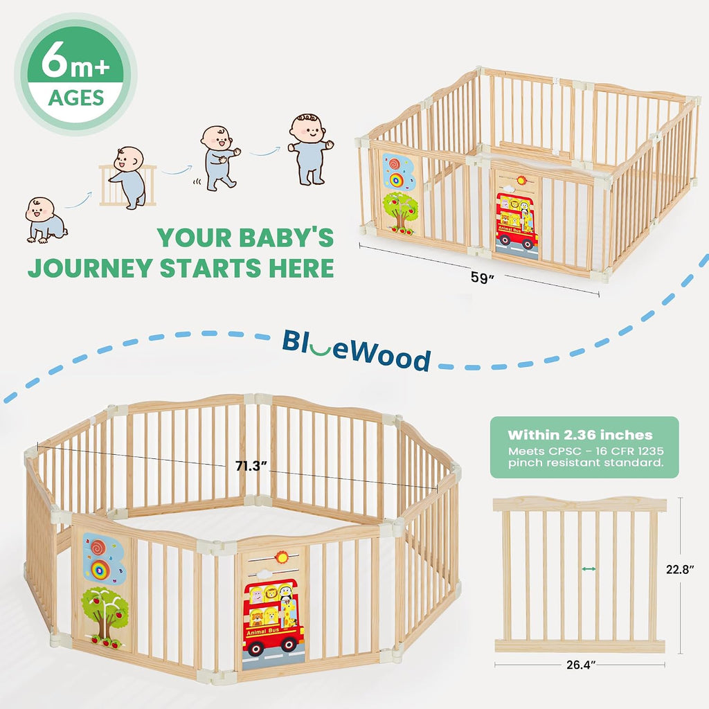 Foldable Wooden Playpen - Adjustable Wood Baby Play Yard with Child-Proof Lock, Indoor Large Safety Fence for Babies