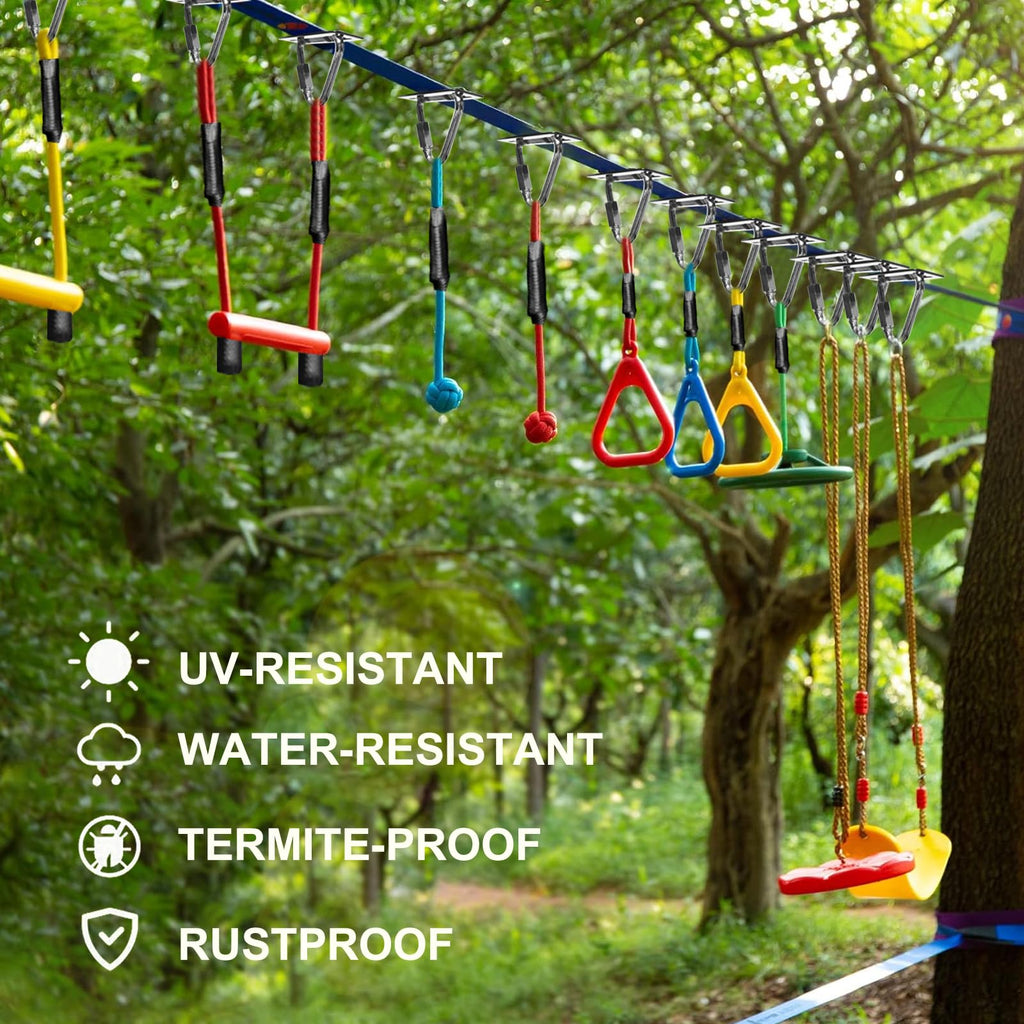Warrior Obstacle Course for Kids Backyard-65ft Slackline Kit with 13 Obstacles, Upgraded Quick-Install Buckles No
