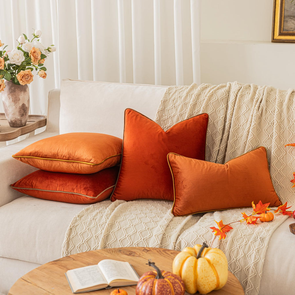 Set of 2 Fall Pillow Covers Brunt Orange Velvet Throw Pillow Covers Decorative Modern Autumn Pillow Cases Rope Edging