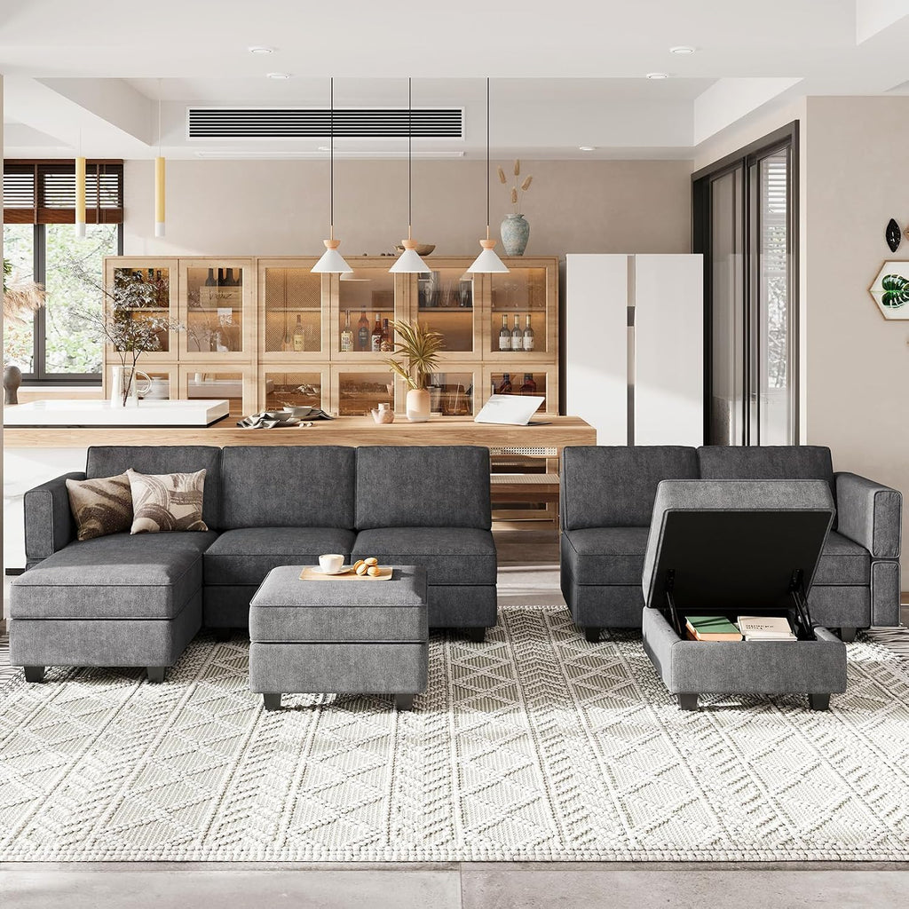 Modular Sectional Sofa with Chaise Convertible L Shaped Couch with Sotrage Ottoman. Dark Grey Couch
