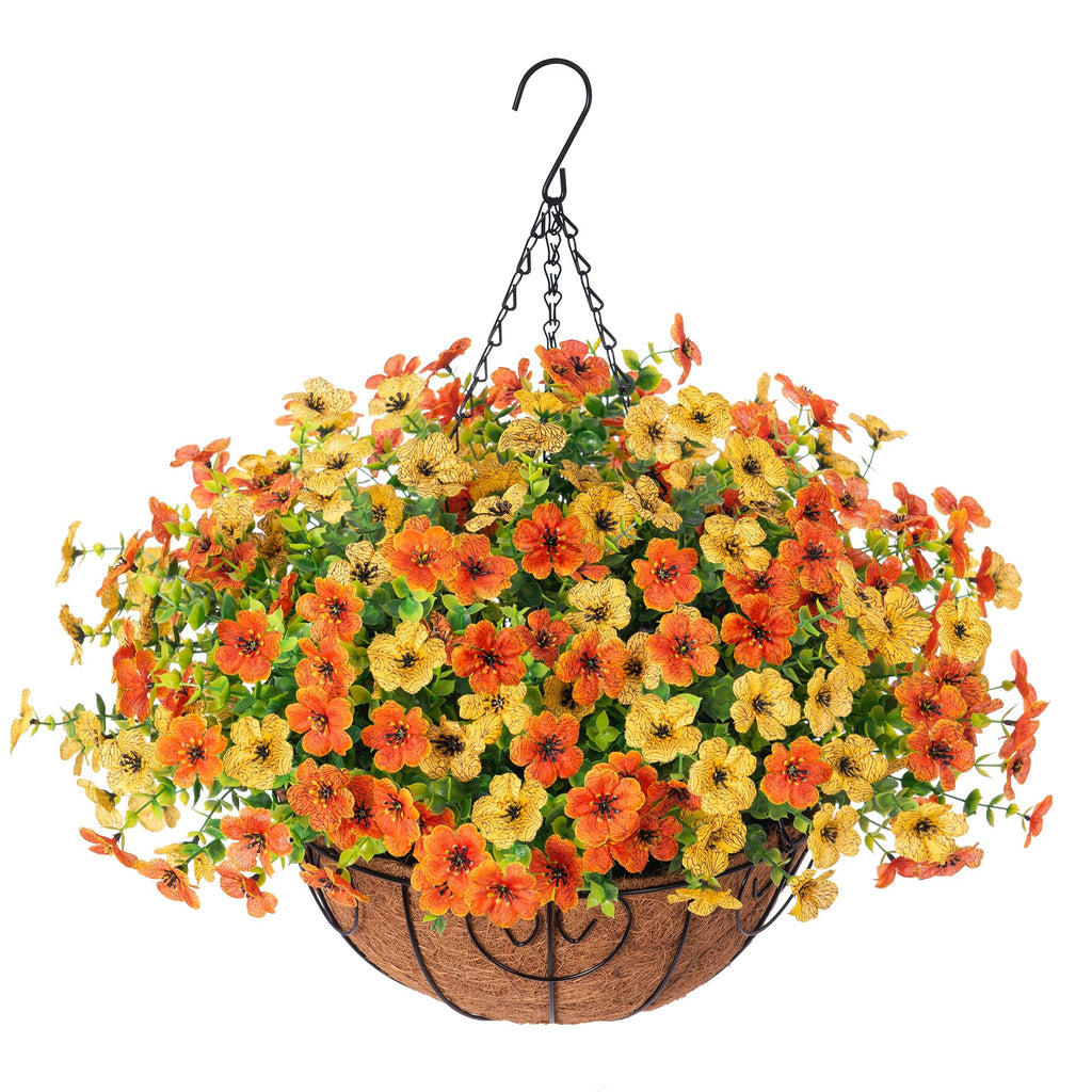 Artificial Fake Hanging Mums Plants Flowers Basket for Fall Autumn Outdoor Decor, Faux Silk Orange Dasiy Flower Look