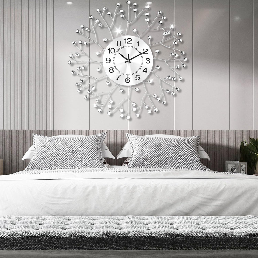 19.7 Inch Large Decorative Wall Clock Decor, Non-Ticking Quiet Modern Metal Starburst Bling Silver Crystal Wall Clock